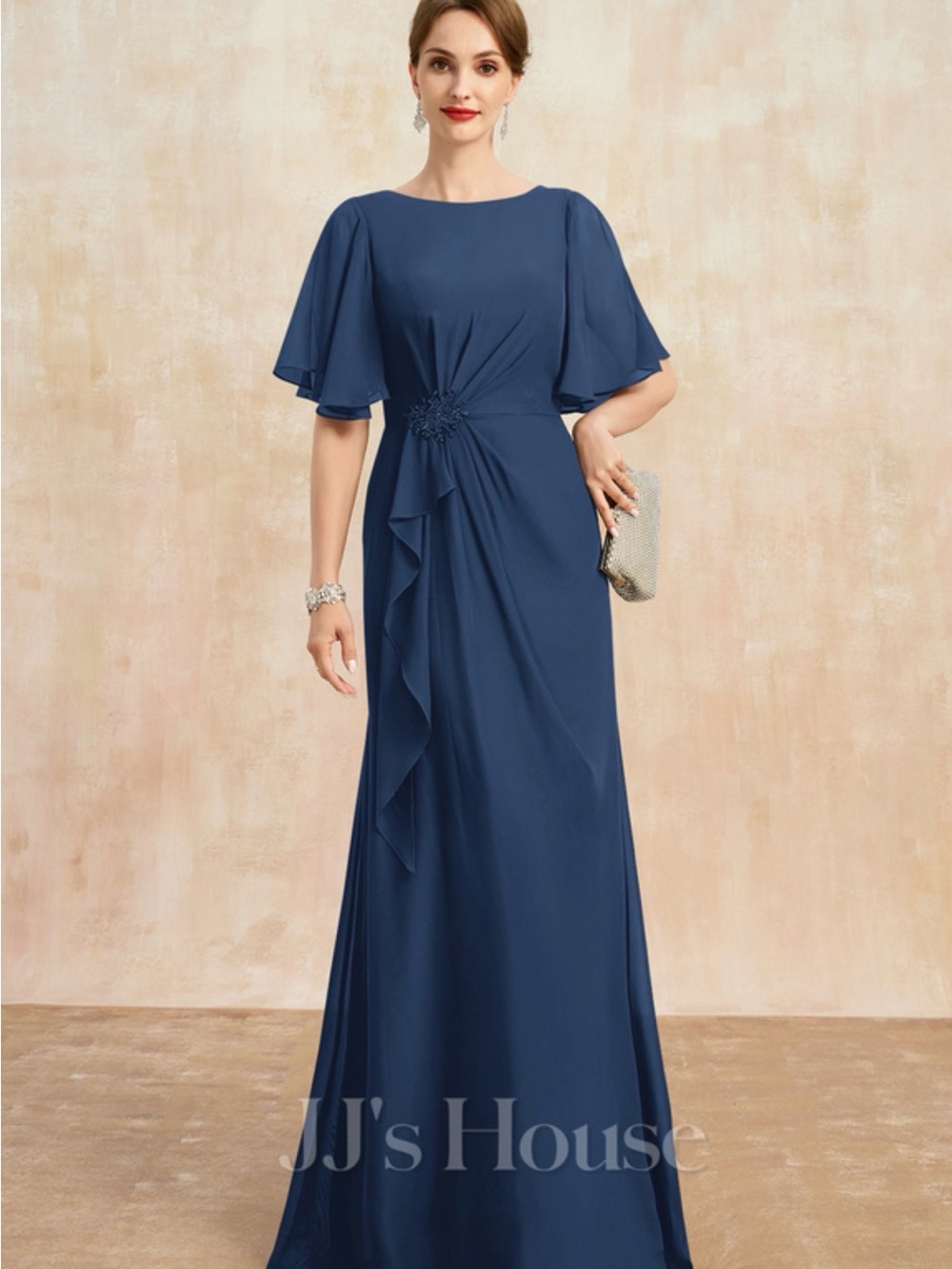 JJs House Navy Maxi Dress with Flutter Sleeves and Side Ruffle
